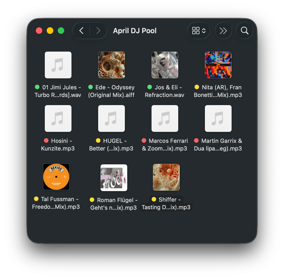 Spectro app showing macOS Finder with color tags: green for lossless WAV and AIFF, red for fake lossless MP3, yellow for high quality lossy
