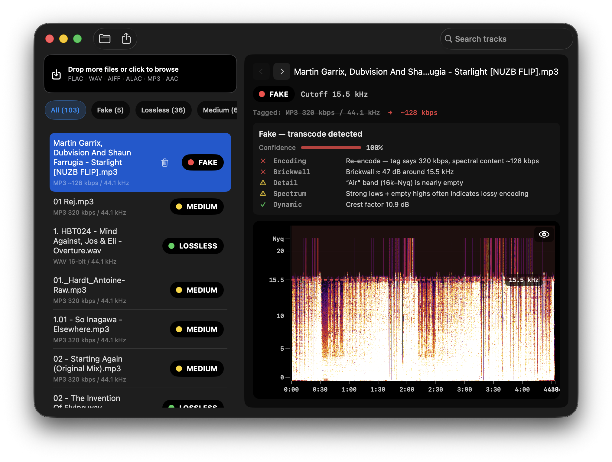 Spectro lossless audio checker on Mac — FAKE verdict on a 320 kbps MP3 re-encode detected at ~128 kbps with a 15.5 kHz spectral cutoff
