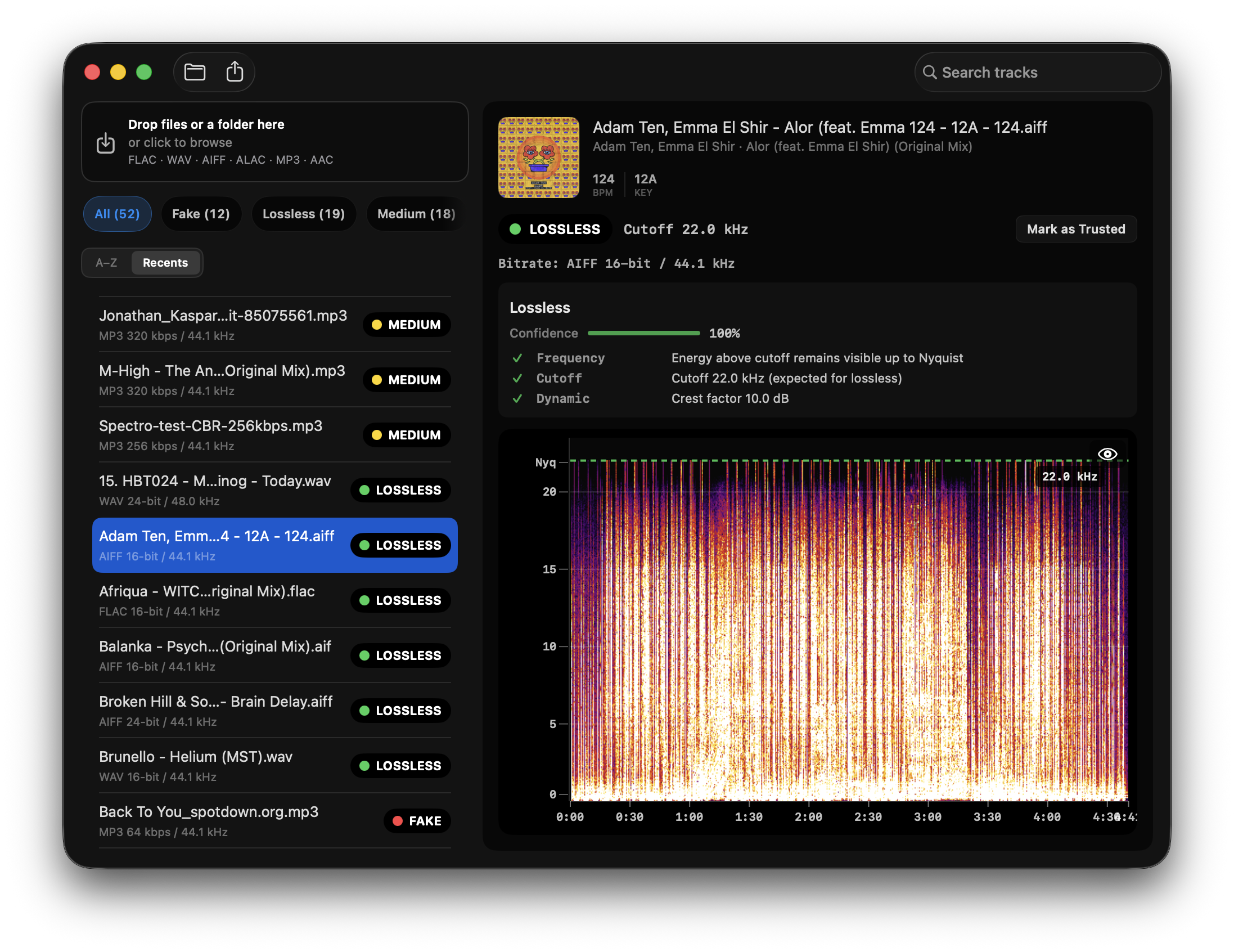 Spectro on Mac analyzing a DJ crate: LOSSLESS, FAKE, and MEDIUM verdicts with spectrogram proof